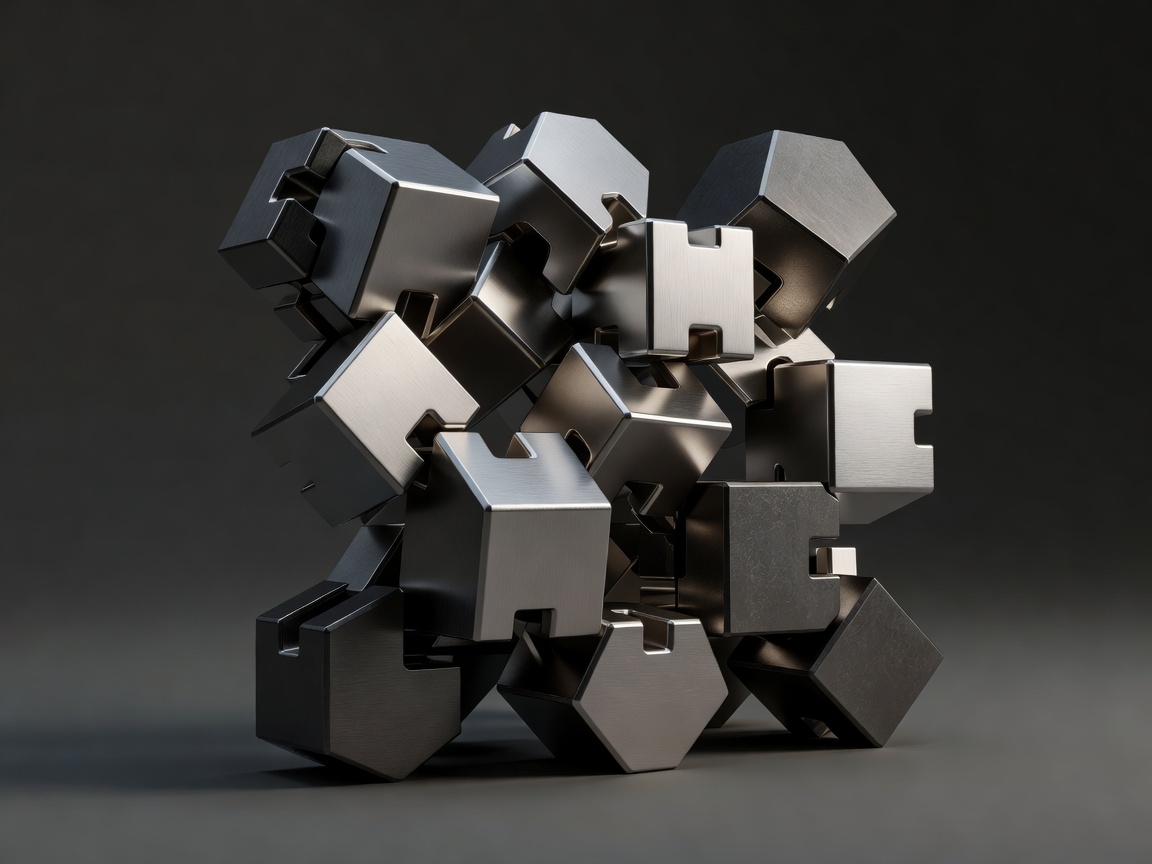 3D rendering of interlocking geometric metal blocks representing secure encryption